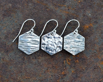 Hexagon Dangle Earrings, Hand-Hammered Texture Sterling Silver, Lightweight Dangle, Minimalist Geometric Jewelry