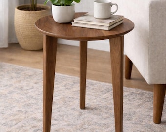 Solid Walnut Round Side Table | Modern Minimalist Wood End Table | Brooklyn Made