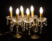 Pair Crystal and Brass Candlesticks Girandole Table Chandeliers with Cherubs, Restored Working Lamp