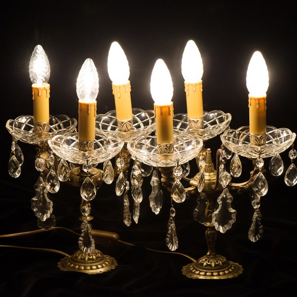 Pair Crystal and Brass Candlesticks Girandole Table Chandeliers with Cherubs, Restored Working Lamp