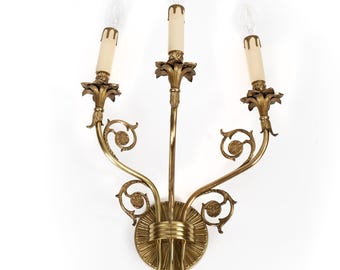 1950s French Neoclassical Cast Brass 3-Light Wall Sconce - Restored, Grounded & Rewired Vintage Louis XVI Gold Candle Light