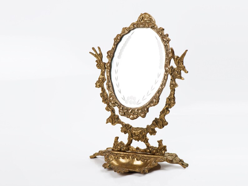 Vintage Brass Vanity Mirror On Stand