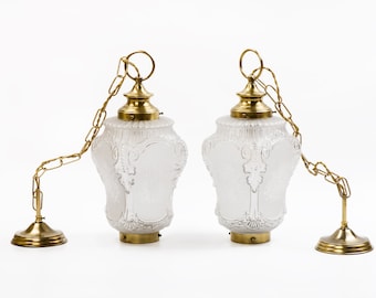 Pair brass pendant lamps with frosted glass shades  Vintage restored working lighting from Spain