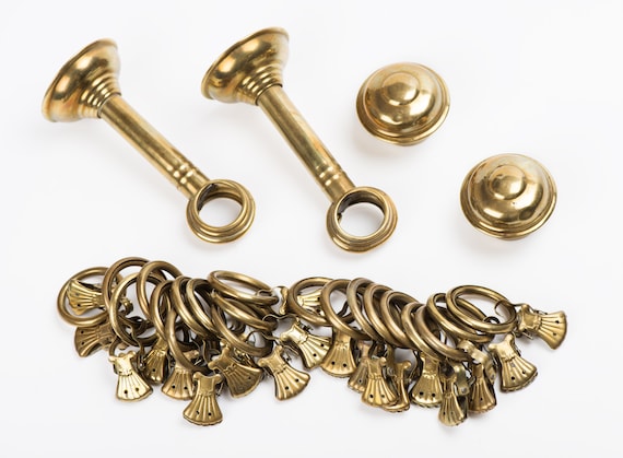 Pair Brass Curtain Rod Holders Finials and Ring Clips Vintage Hardware -   Israel