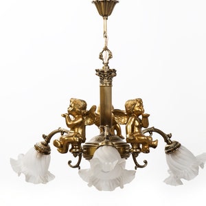 French vintage brass chandelier with three cherubs and frosted glass shades Restored working lighting