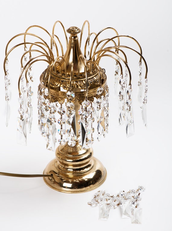 Brass Table Lamp With Crystal Tear Drops Cascade, Vintage Restored