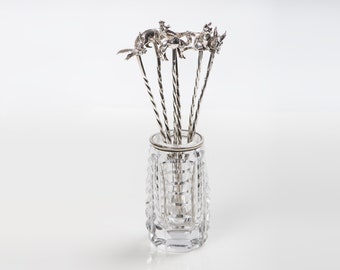 Sterling silver animal cocktail sticks Vintage set of 6 and glass holder