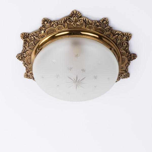 Vintage brass 2-light flush mount fixture Frosted glass Restored working lighting from Spain