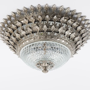 Vintage nickel plated brass and pressed glass flush mount ceiling light fixture