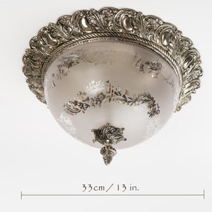 Silver plated brass 3 light flush mount fixture with frosted glass dome Vintage restored working lighting of Spain
