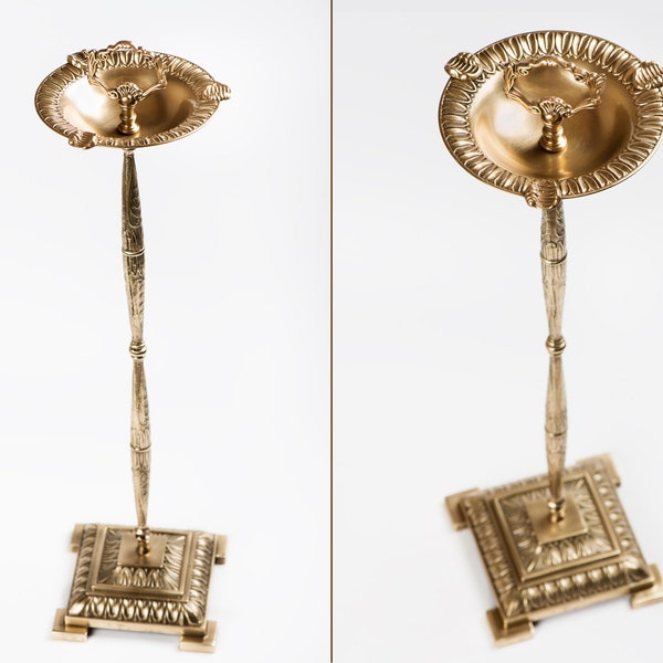 Vintage brass floor standing ashtray w/ handle Spanish smoking stand for cigars or cigarettes
