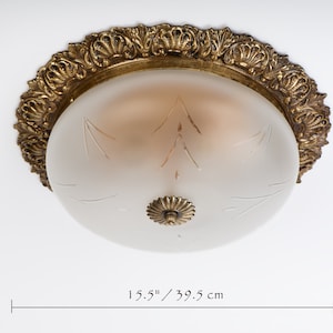Large 15.5" Brass 2-Light Flush Mount Ceiling Light Fixture, Vintage restored working lighting of Spain
