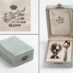 Vintage French Sterling Silver Gold Vermeil Egg Cup and Spoon Boxed