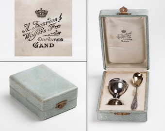 Vintage French Sterling Silver Gold Vermeil Egg Cup and Spoon Boxed