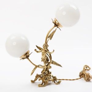 Vintage brass Cherub 2-light table lamp with white opal glass globe shades Restored working lighting from Spain