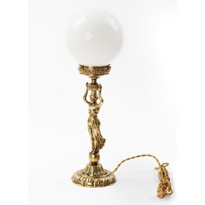 Vintage Brass lady table lamp with opaline glass shade Restored working lighting from Spain