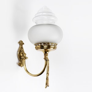 Antique Brass Wall Sconce with Frosted / Glass Shade, Restored Working Light