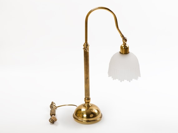 Vintage Adjustable Brass Desk Lamp With Frosted Glass Shade Etsy