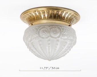 Brass flush mount fixture Frosted glass Vintage restored working lighting from Spain