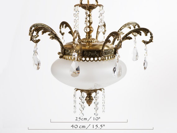 Frosted Etched Glass Shade and Brass Fittings and Crystal Droplets