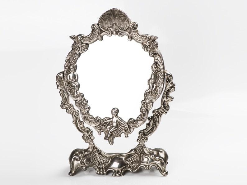 Vintage Ornate Silver Plated Vanity Mirror With Cherubs Image 0