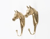 Pair solid brass horse head coat hooks Spanish vintage