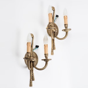 Pair brass wall faux candle sconce Rope and tassel designed Vintage restored working lighting