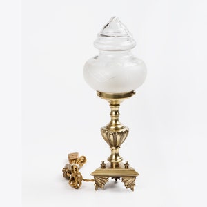 Vintage Brass Table Lamp Clear / Frosted Glass Shade Restored Working Lighting