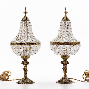 Vintage pair cherub brass and crystal table lamps Empire style