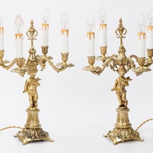 Pair of brass Cherub candelabra style table lamps Vintage restored working lamps from Spain