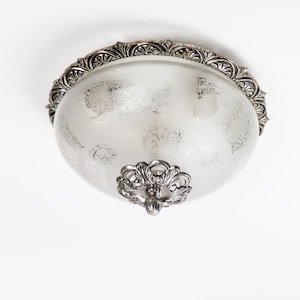 Silver plated brass Flush mount fixture with frosted glass dome Vintage restored working lighting of Spain