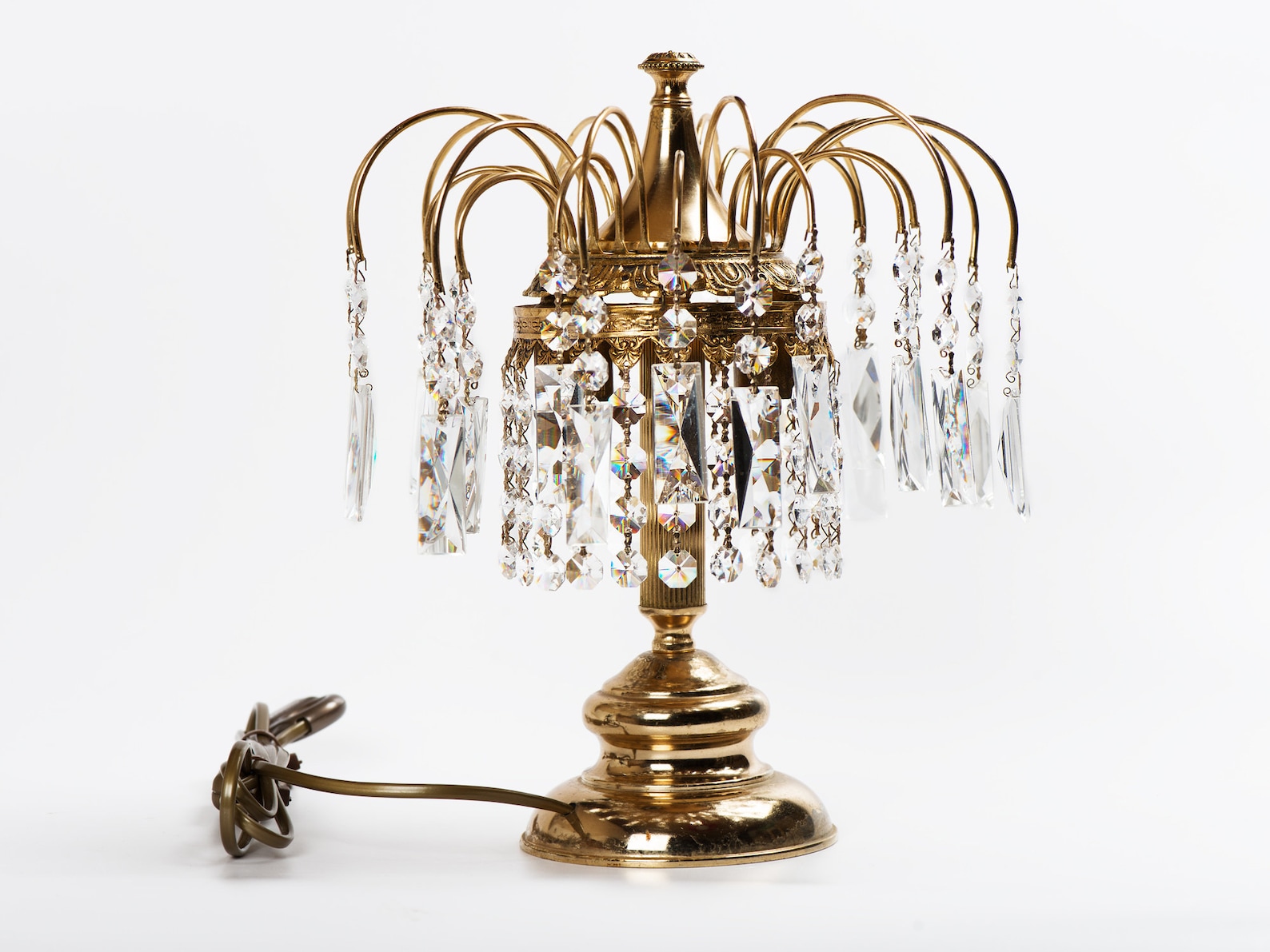 Brass Table Lamp With Crystal Tear Drops Cascade Vintage Etsy