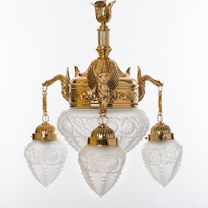 Large brass chandelier with swans and frosted glass shades Vintage restored working lighting from Spain for large room