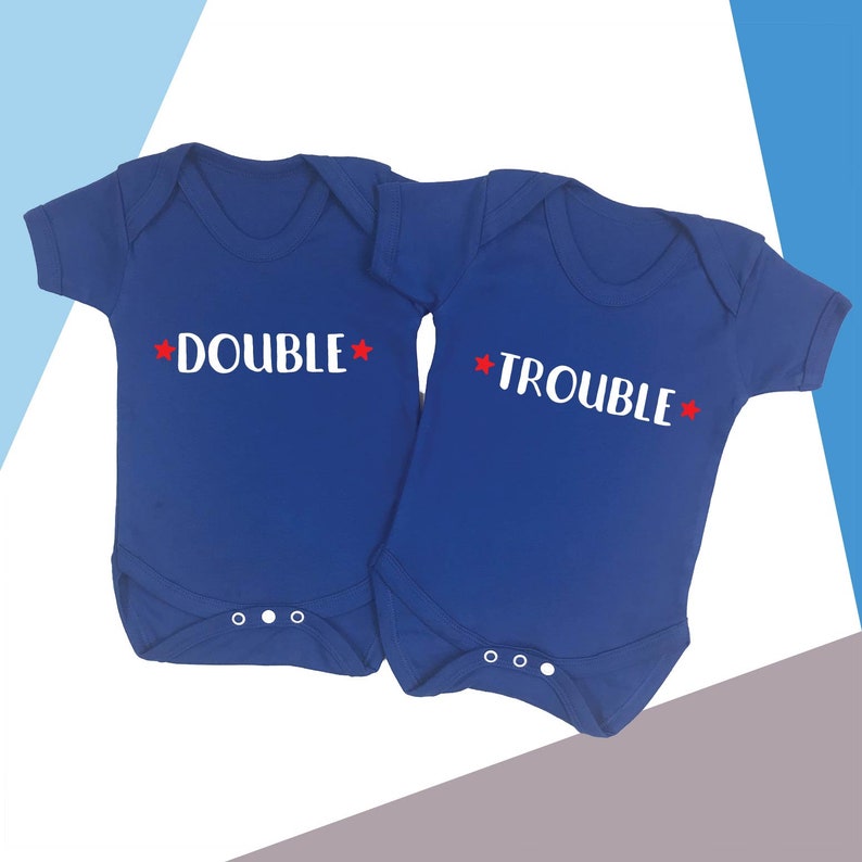 Double Trouble Twins Baby Vests Babygrow Baby Twin Gifts Set Baby Shower