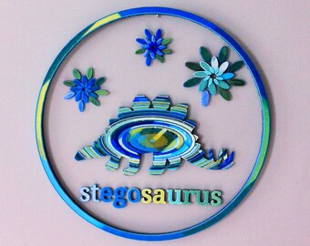 Ready to Hang, Custom, Large 3D Printed Stegosaurus Dinosaur Hoop Art, Nursery, Wall Decor,Kids/Children Room Decor, Circular, Wall Hang,Eco