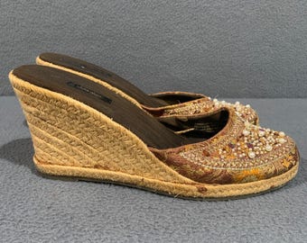 Y2K Fairy Espadrille Wedge Mules Women 8.5 Beaded Brocade Boho Artisan Sandals
