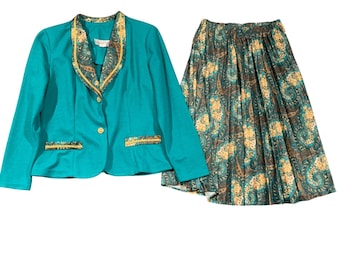 Pablo Collection Skirt Suit Set Women 12/14P Teal Paisley Floral Vintage 80s 90s