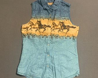 Legacy Falls For Her Blue Horse Paisley Sleeveless Button Down Western Shirt M