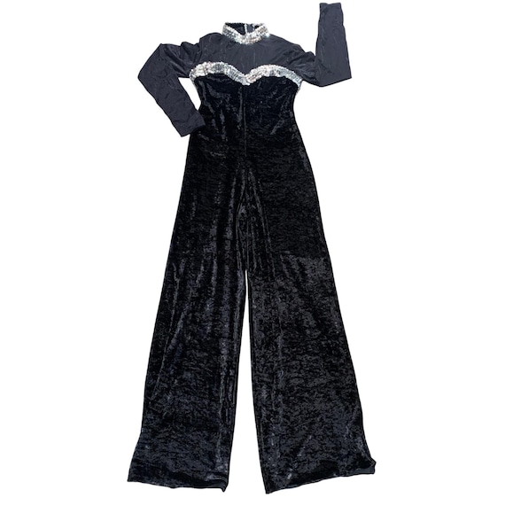 Colorifics Jumpsuit Medium Black Velvet Sequin Long Sleeve Made in USA