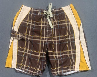 Ocean Pacific OP Mens Large Y2K 90s Plaid Board Shorts Brown Yellow Swim Trunks