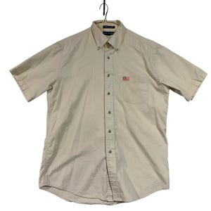 John Ashford Mens Medium Button Down Shirt Short Sleeve Beige Cotton US Flag