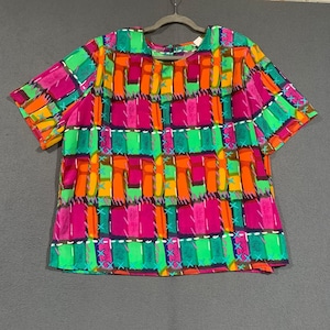 Nicola Woman Vintage 90s Abstract Geometric Patchwork Blouse Plus 2X Made in USA
