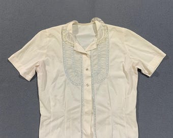 Vintage Blouse Women Medium Ivory Lace Ruffle Bib Victorian Regencycore