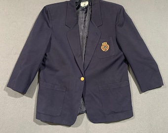 Beverly Hills Polo Club Mens Navy Blue Wool Blend Crest Blazer Sport Coat Large