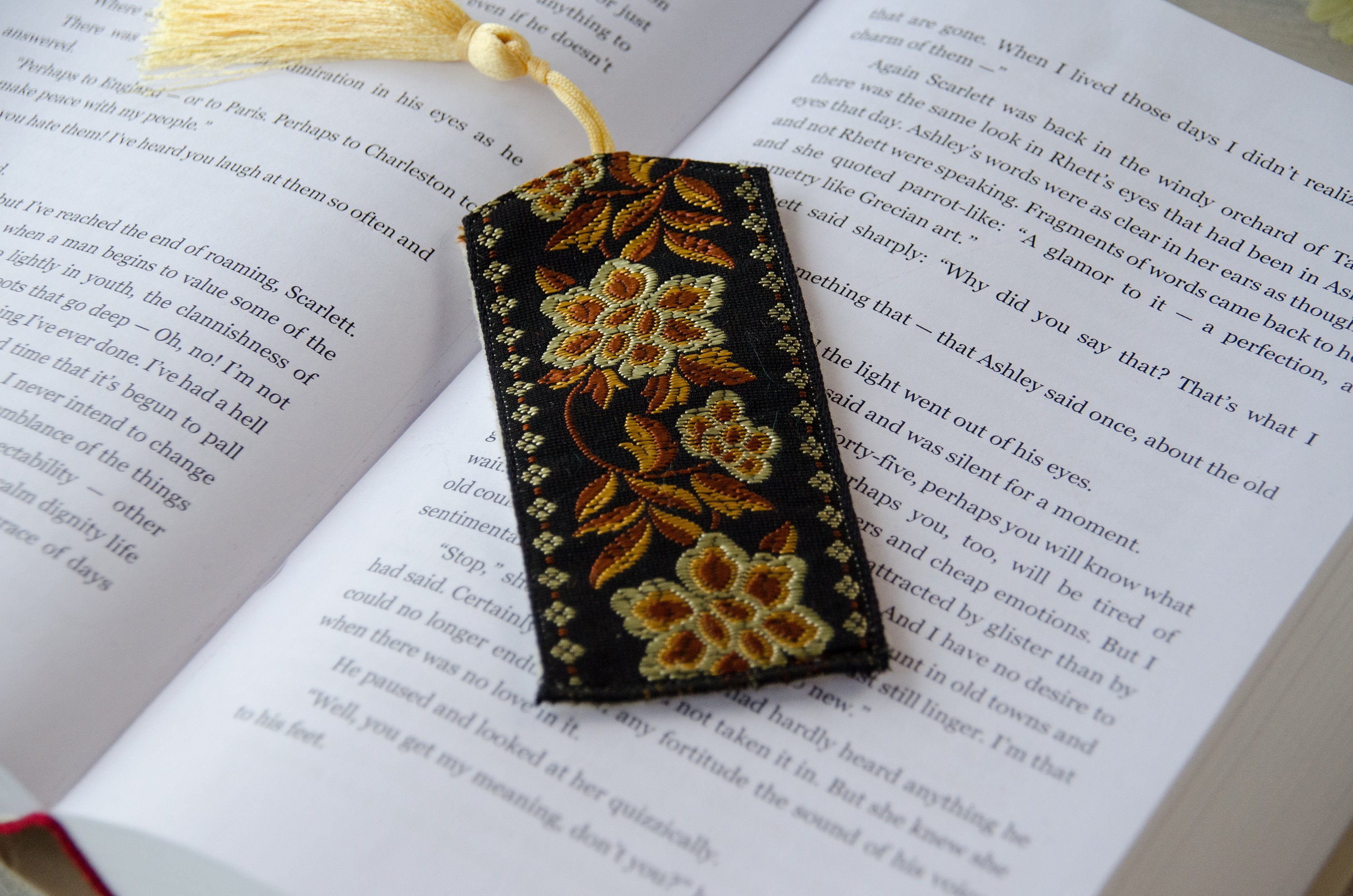 Woven silk ribbon bookmark with yellow satin tassel and felt Etsy