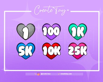 May include: A graphic featuring six heart-shaped icons in various colors, each with a white number or abbreviation. The hearts display the numbers 1, 100, 1K, 5K, 10K, and 25K. The background is a light purple with the text "Create Tay".