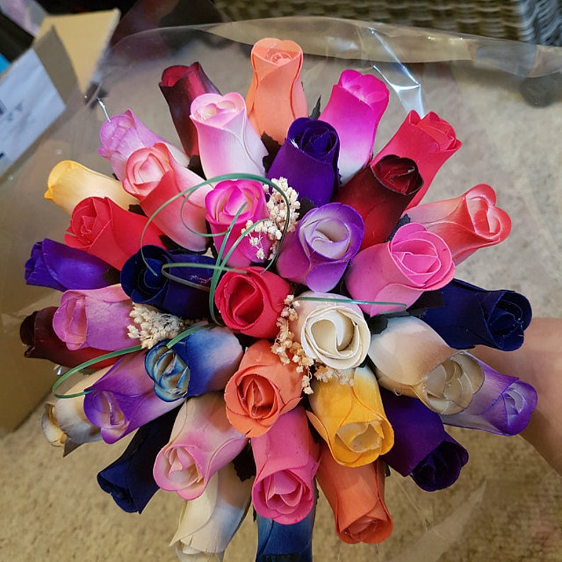 Wooden Rose Bouquet Rainbow Cellophane Wrapped Etsy
