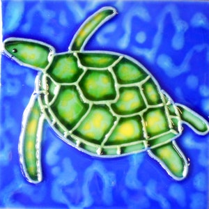 Turtle hand painted ceramic art tile coaster 4x4 inches with back.