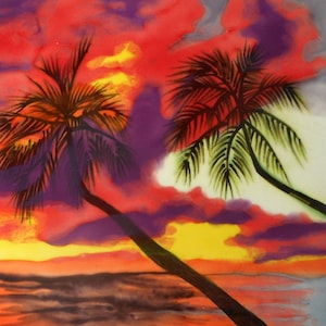 Sunset hand painted ceramic art tile 8x8 inches