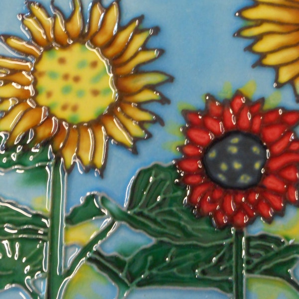 Flower hand painted ceramic art tile coaster 4 x 4 inches with easel back